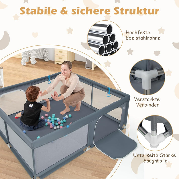 GOPLUS 200x180cm Baby Laufstall, Laufgitter mit Matratze, 4 Handringe & 50 Spielbällen, Krabbelgitte