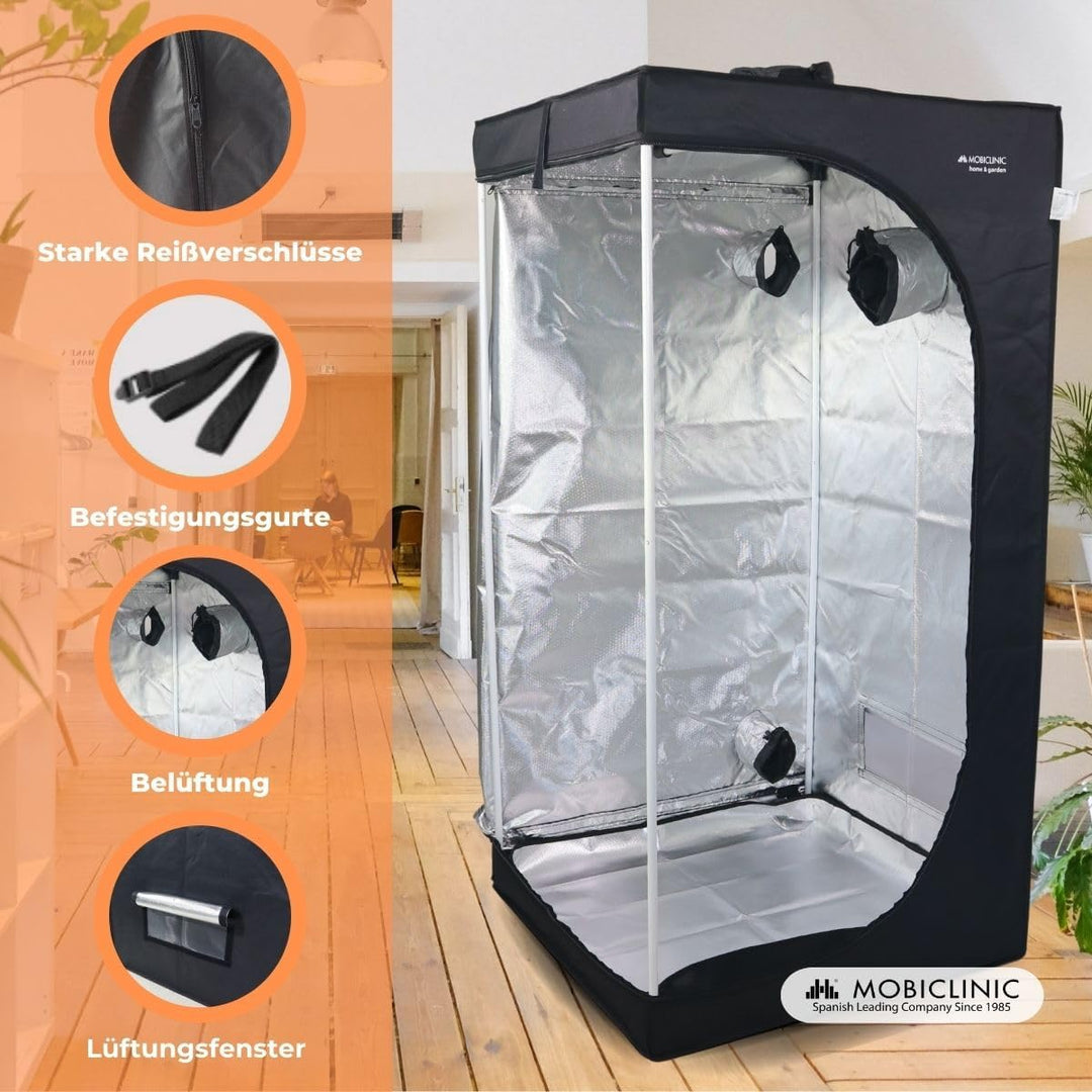 Mobiclinic®, Growzelt 80x80x160 cm, Indoor, Premium Mylar 97% reflektierend, Hydroponisches System,