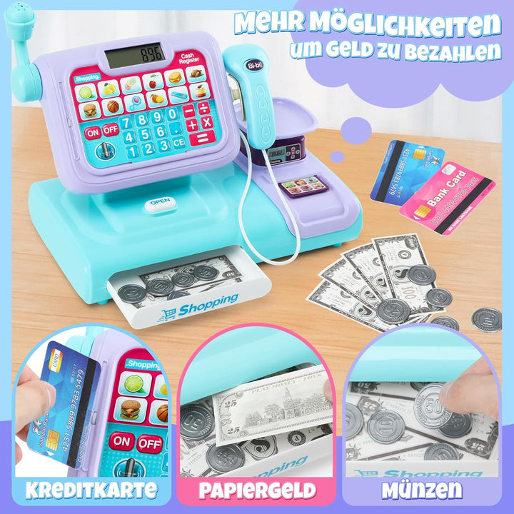 Kinder Kasse Spielzeug mit Scanner, Elektronische Registrierkasse mit Mikrofon Sound Rechnerfunktion