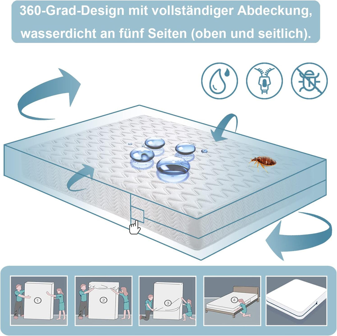 Bedecor Wasserdichter Matratzenbezug 180 x 200 x 25 cm, mit Reissverschluss Matratzenschoner 180 x 2