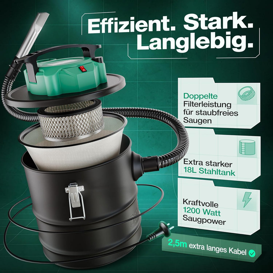 Aschesauger, 18L Tankvolumen, 1200 W Leistung, inkl. HEPA-Filter und Staubfilter, Aschesauger für Ka
