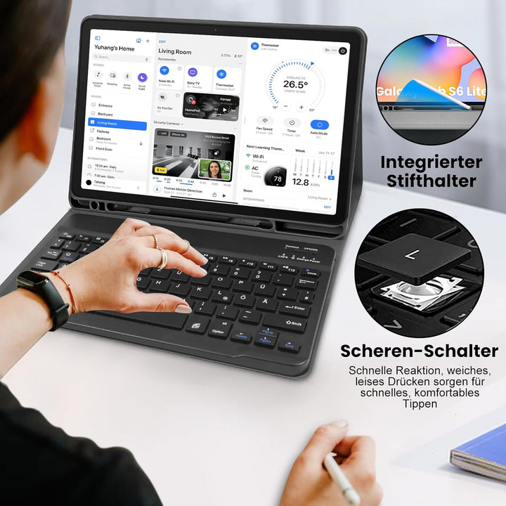Hülle mit Tastatur für Samsung Galaxy Tab S6 Lite 2024,Schutzhülle mit Kabellos Abnehmbarer Tastatur