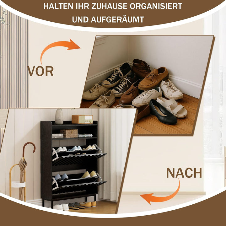 UEV Schuhschrank mit 2 Klappen Schmal, Schuhkipper für Flur Wohnzimmer, Schuhkommode mit Kippschutz,