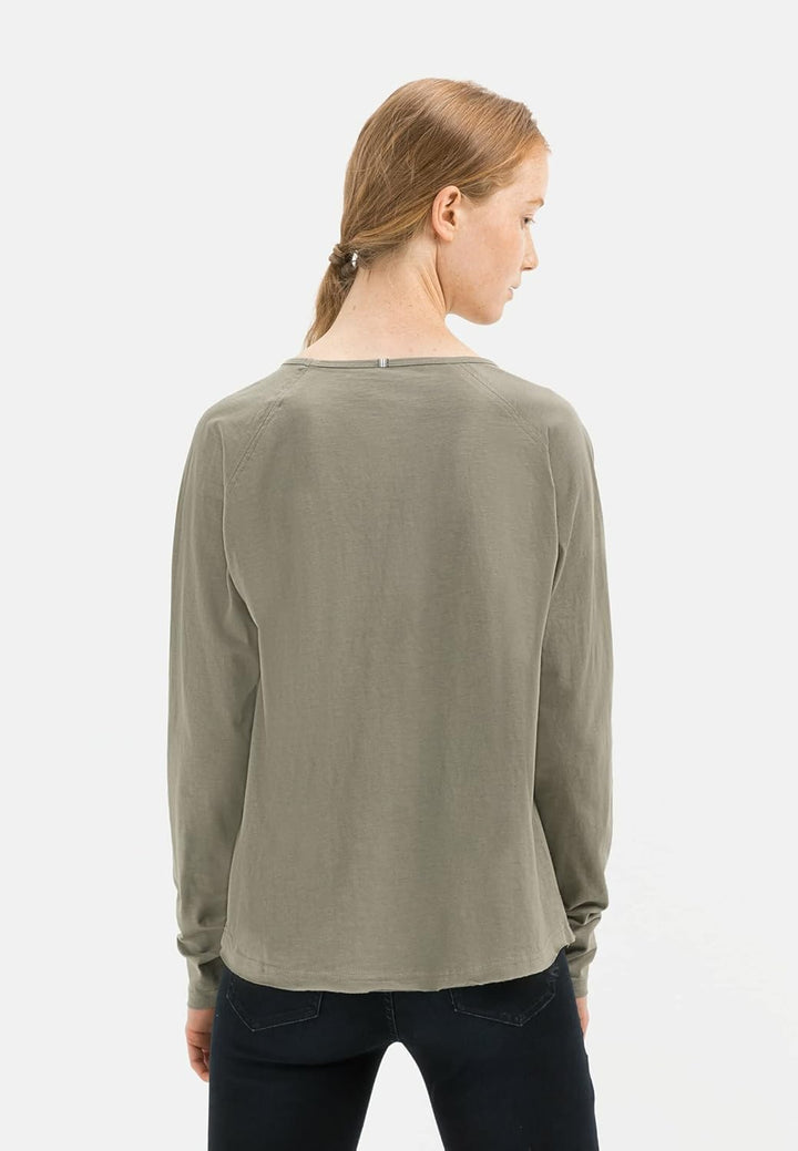 camel active Damen Basic Langarm T-Shirt mit Rundhalsausschnitt aus Reiner Baumwolle, XS Khaki
