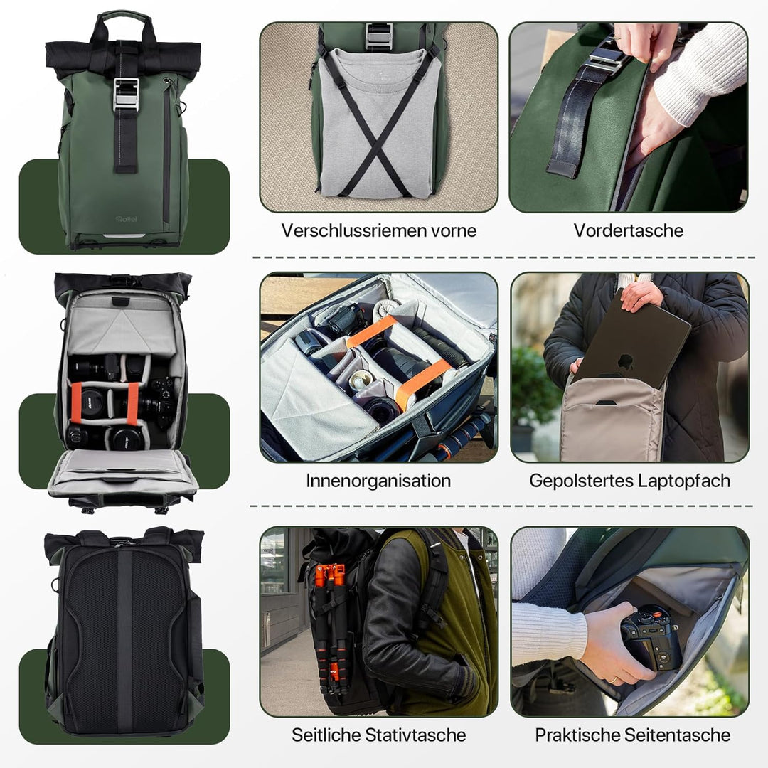 Rollei Fotoliner Ocean Rolltop Kamerarucksack Wasserdicht Fotorucksack Gross Kamera Rucksack mit Lap