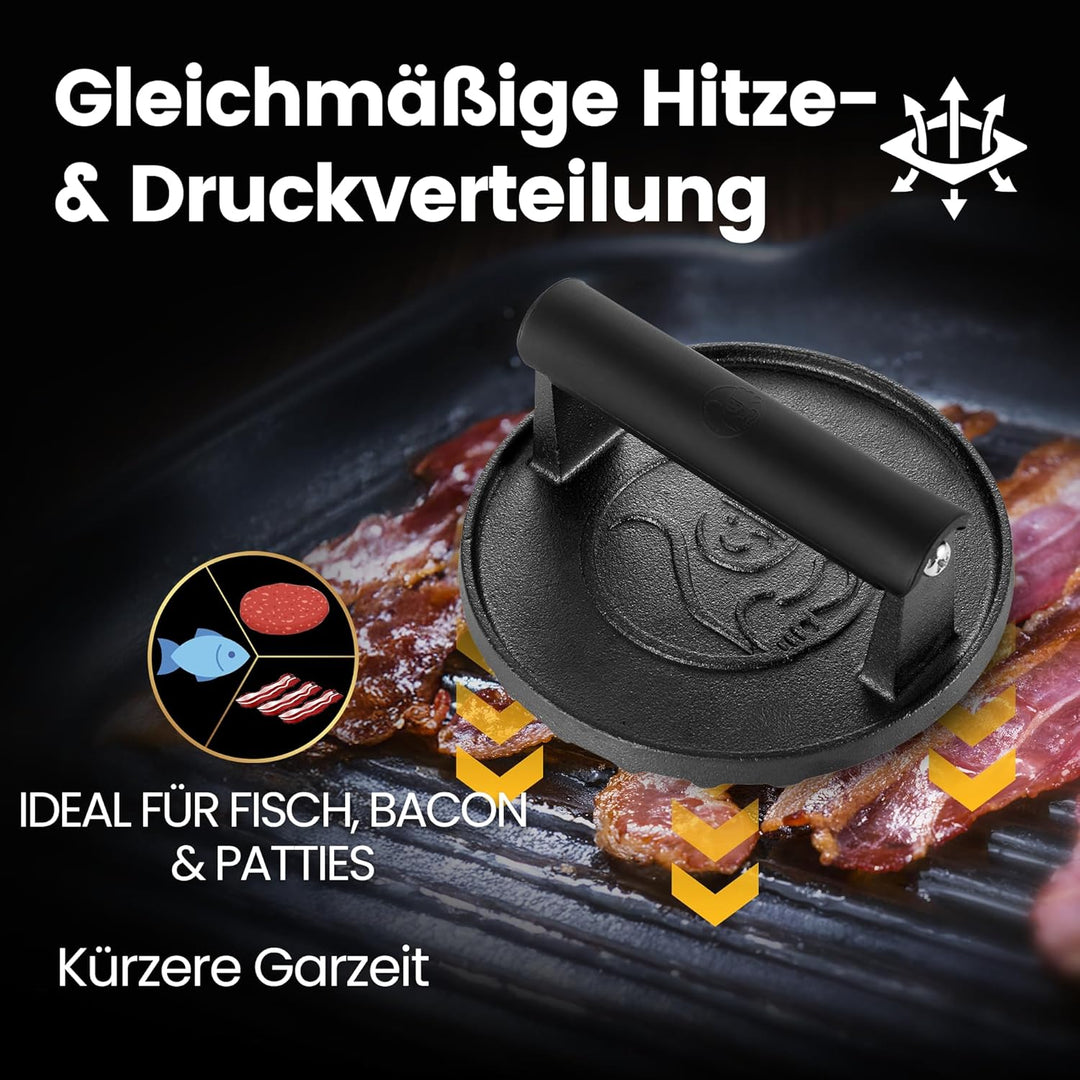Burgerpresse Gusseisen antihaft | Grosser Burger Smasher (Ø15cm) mit hitzeabweisendem Griff | Fleisc