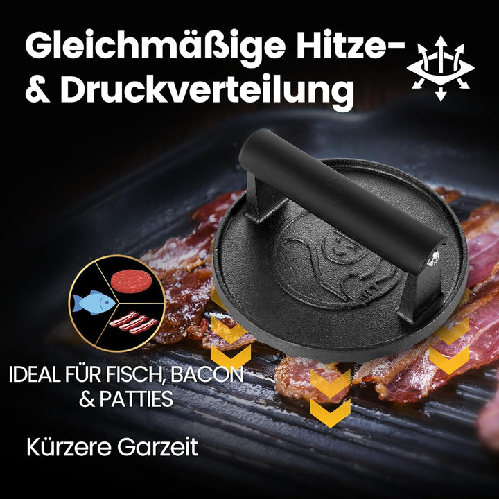 Burgerpresse Gusseisen antihaft | Grosser Burger Smasher (Ø15cm) mit hitzeabweisendem Griff | Fleisc