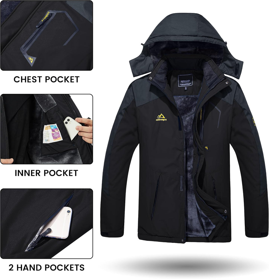 TACVASEN Herren Winter Wasserdichte Winddichte Winterjacke Warme Fleece-Futter Ski Regenmantel mit K