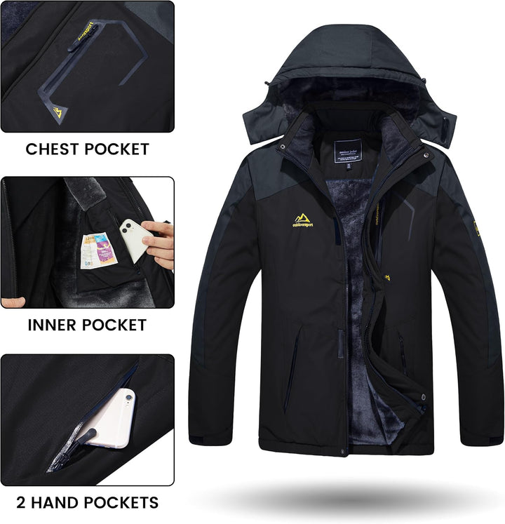 TACVASEN Herren Winter Wasserdichte Winddichte Winterjacke Warme Fleece-Futter Ski Regenmantel mit K