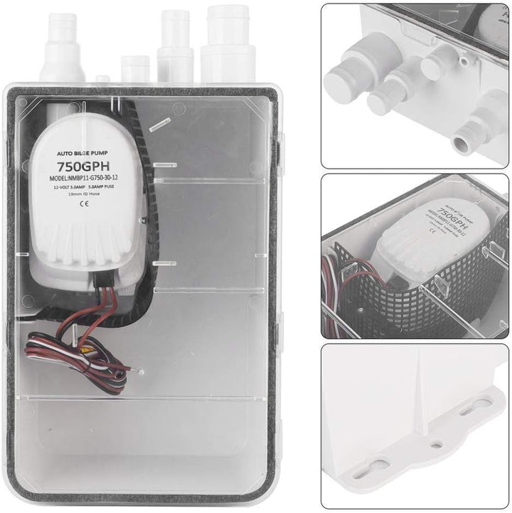 Duschsumpfpumpensystem Box Multi Inlet Qiilu DC 12V / 24V 750GPH Dusche Sumpfpumpe Automatischer Sch