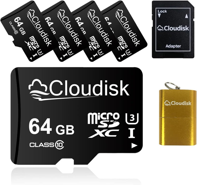 Cloudisk 5er-Pack Micro SD-Karte mit MicroSD Adapter Card Reader-Speicherkarte (64GB), 64GB
