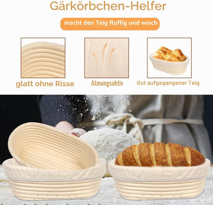 2pcs Gärkörbchen Oval 25 cm, Brotbackkorb zum Backen, Gärkorb Brot Set für Anfänger und Erfahrener B