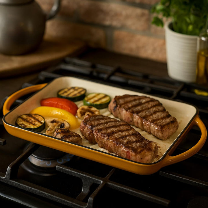 Mahlzeit Gusseisen-Grillplatte Emailliert | Sunny Orange | 39,5 x 22 x 3,5 cm | Grill Platte Gusseis