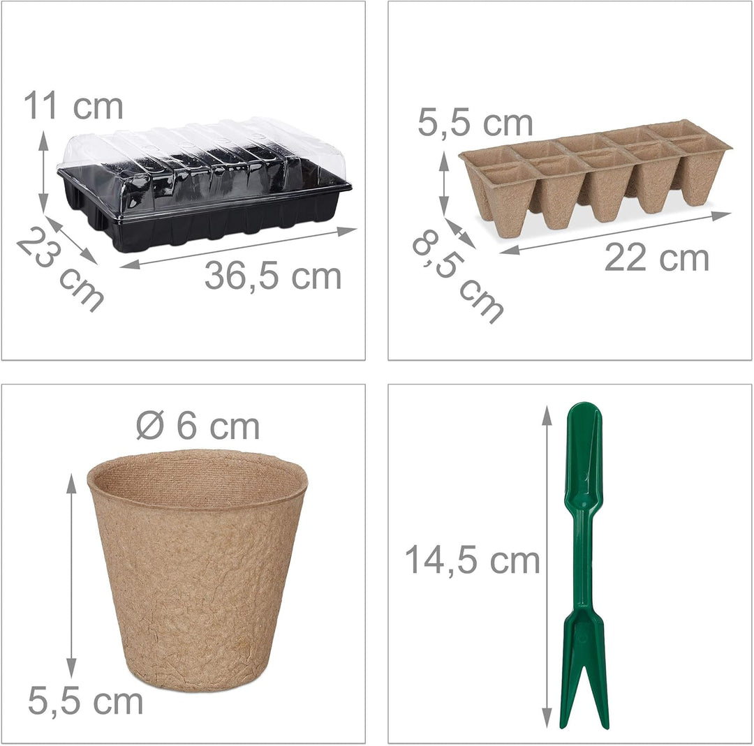 Relaxdays Anzuchtset 131 TLG., für Pflanzen, Anzuchtkasten mit Anzuchttöpfen, Pikierwerkzeug & Pflan