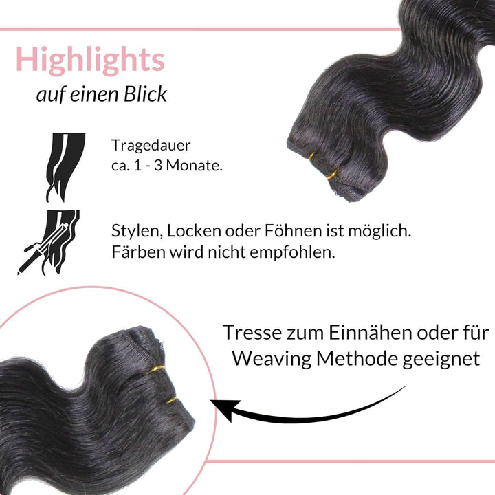 hair2heart Echthaar Tressen zum Einnähen Extensions Gewellt - 50cm 100g 2/0 schwarz #1 Schwarz 50cm,