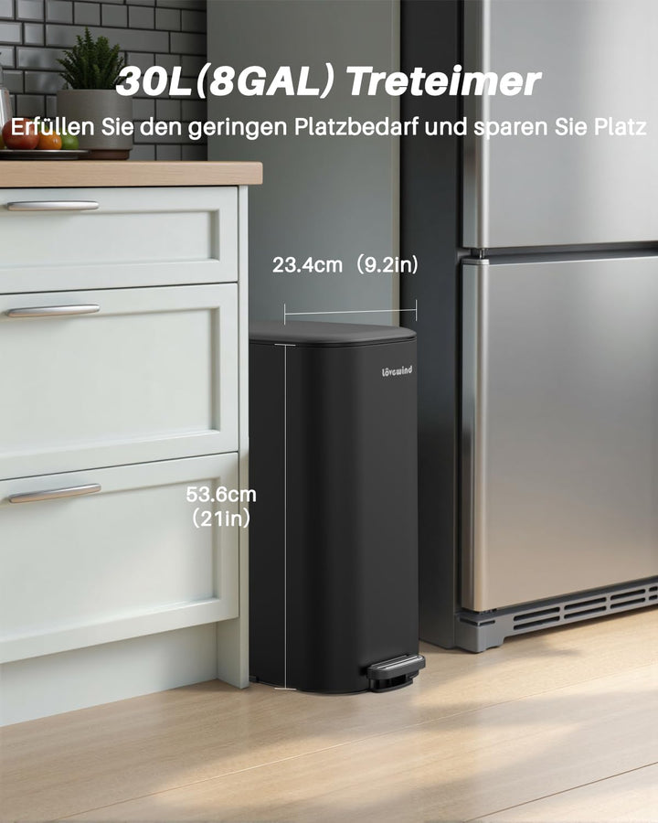 lovewind Mülleimer 30L mit Fusspedal, Schmaler Abfalleimer, Leise Schliessender Deckel, Entnehmbarer