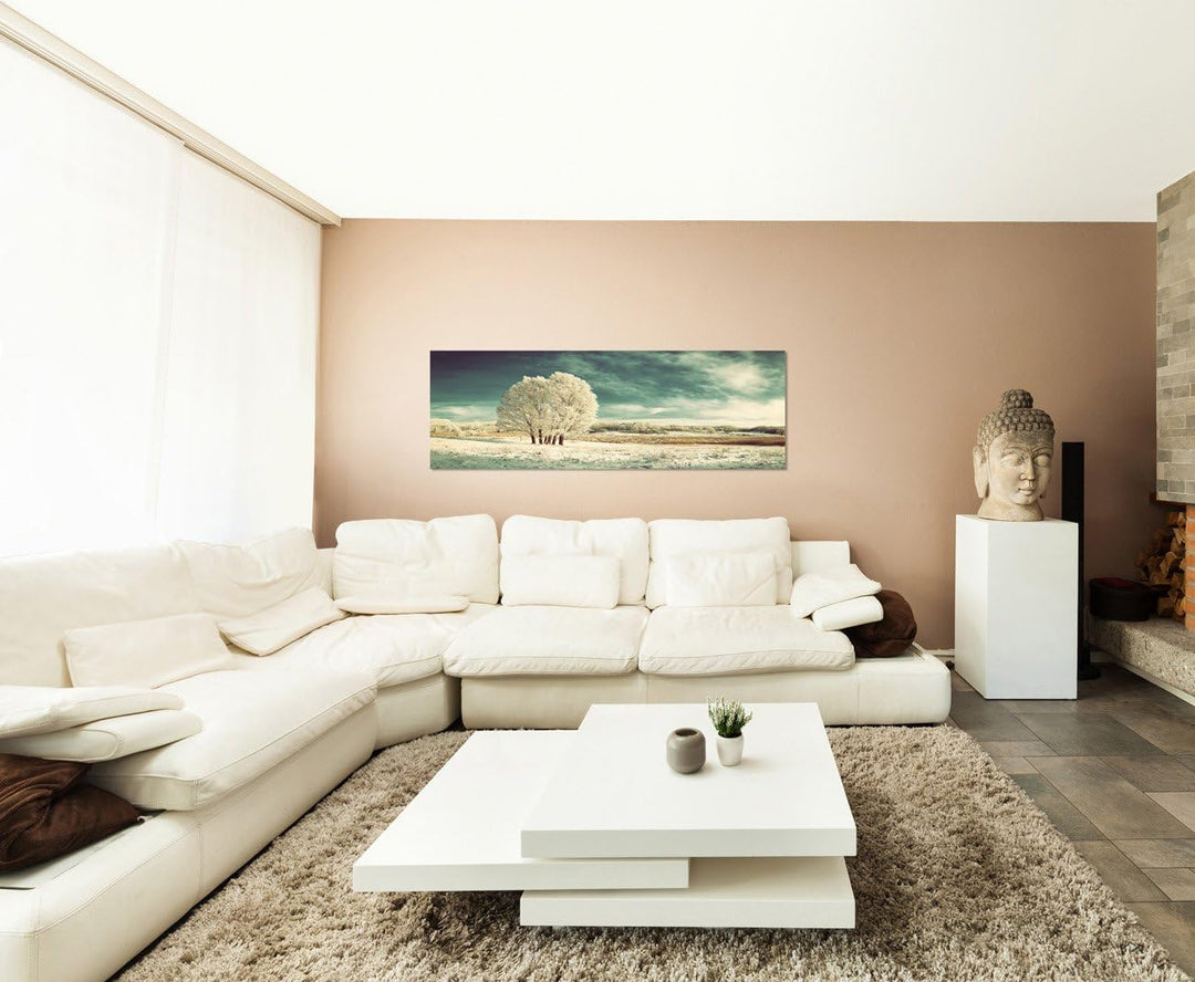 Paul Sinus Art Panoramabild auf Leinwand und Keilrahmen 120x40cm Winterlandschaft Wiese Baum Schnee