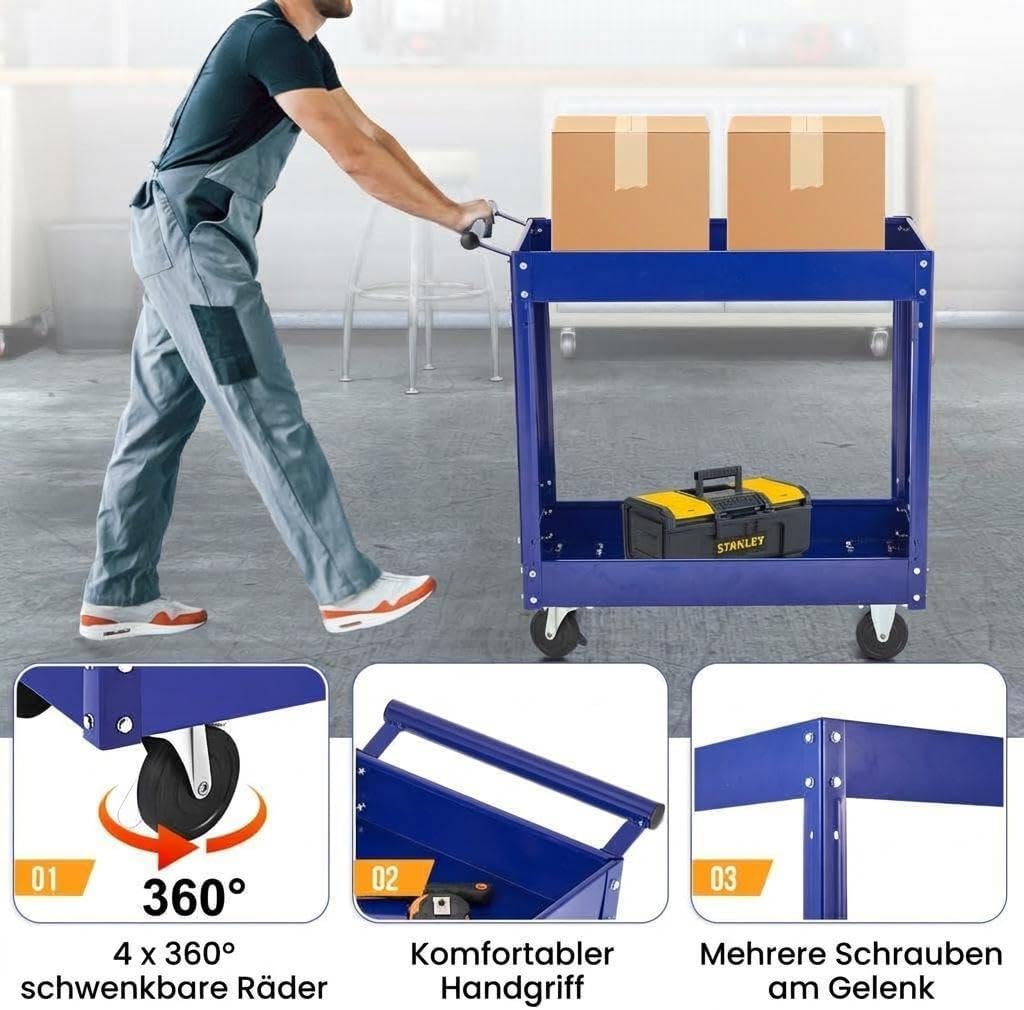 Werkzeugwagen Rollbar 2 Ebenen, Bis 150 kg Belastbar, Metall Werkstattwagen Mit Rollen, Schwerlast S