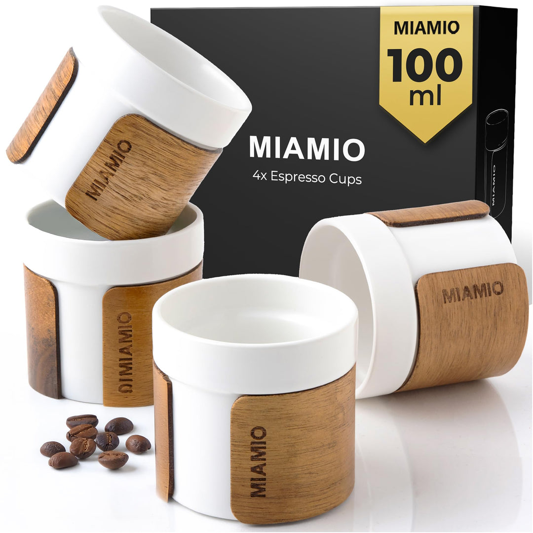 MIAMIO – Espressotassen 4er Set (100 ml) mit abnehmbarer Holzmanschette/Keramik Tassen ohne Henkel,