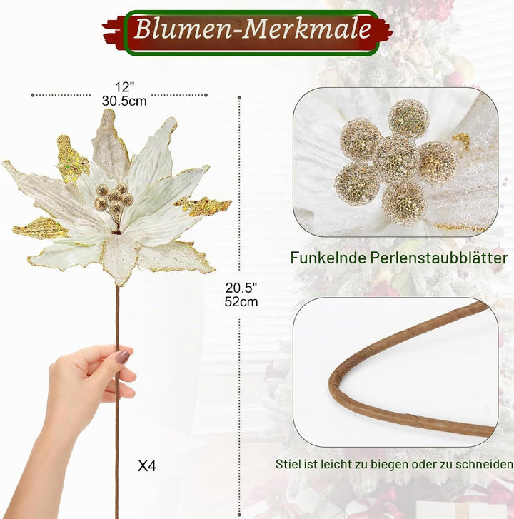 Briful 4 Stücke Weihnachtsstern Christbaumschmuck Kunstblumen Weihnachtsblumen Glitter Poinsettia Ku