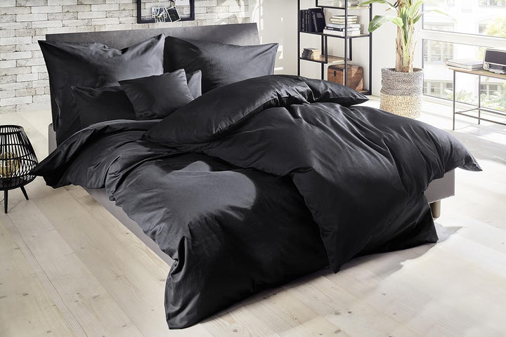 Beddress - Luxus-Satin-Bettwäsche, Uni Schwarz, 200x200 + 2x80x80 cm, 100% gekämmte Baumwolle, OekoT