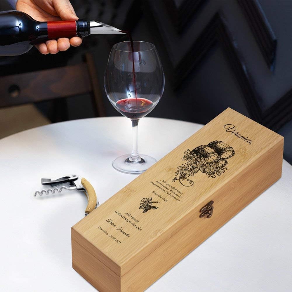 Maverton Weinbox für 0,7L Weinflasche - Wein Holzbox personalisiert + 4er Weinzubehör - Weinset Wein