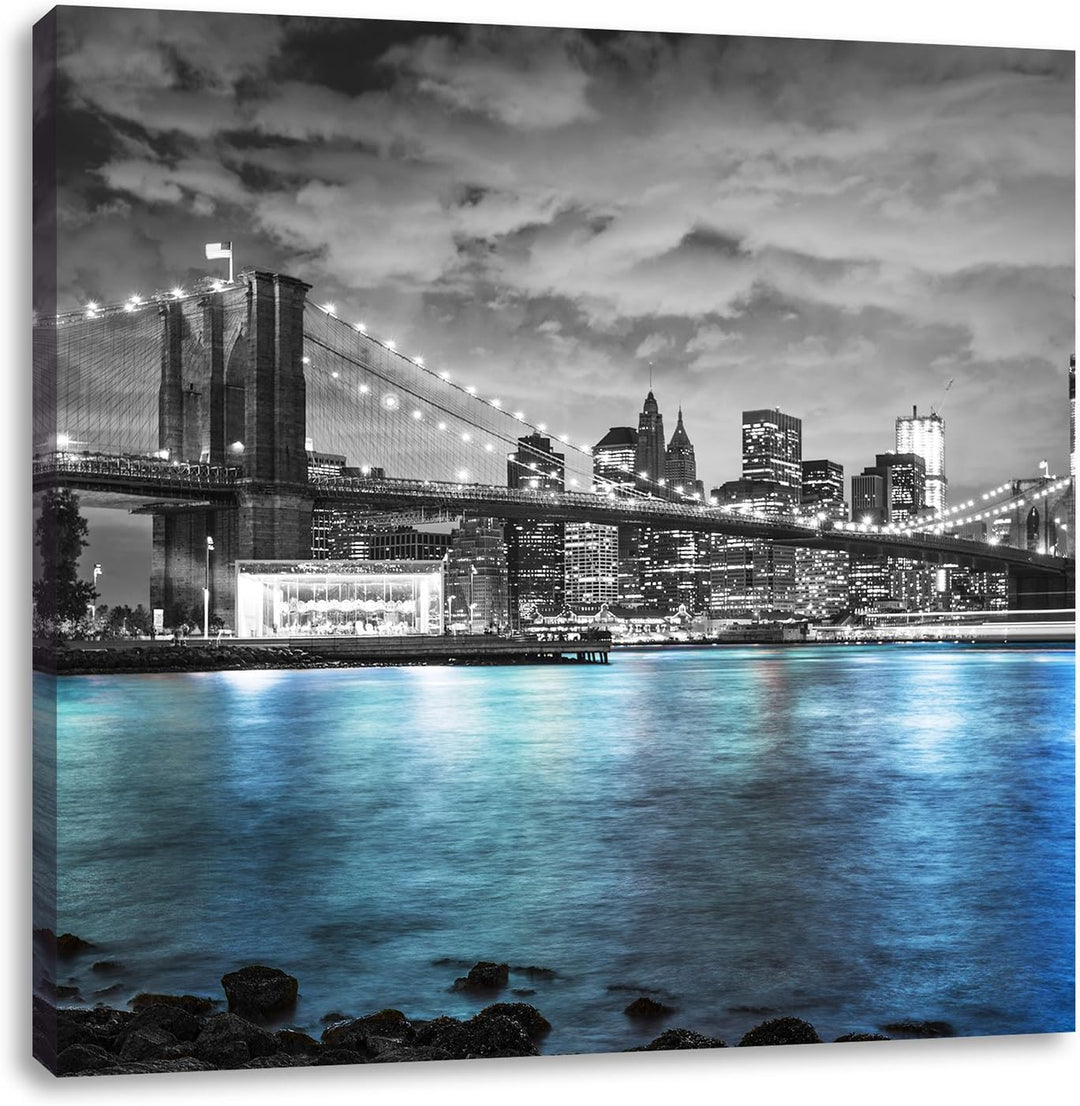 Pixxprint New York Skyline am Abend schwarz/weiss, Format: 70x70 auf Leinwand, 70x70
