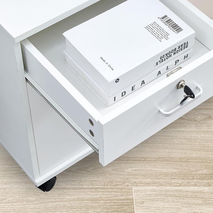 CLIPOP Rollcontainer Abschliessbare Aktenschrank Holz mit Schublade und Geschlossenem Speicher,Mobil