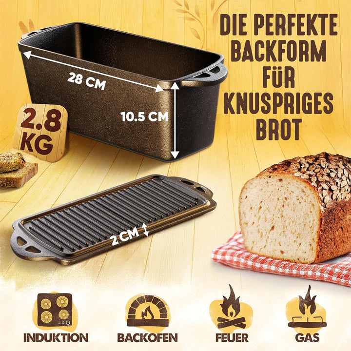 Flavemotion Brotbackform mit Deckel - Robuste rechteckige 28cm Backform aus Gusseisen - Ideal als Ka