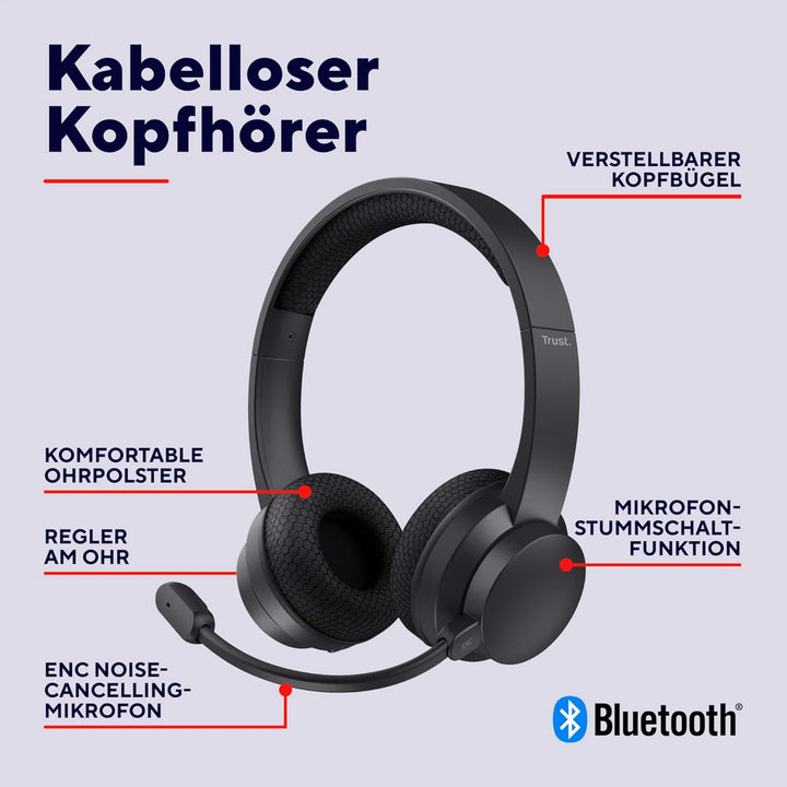 Trust Roha II Kopfhörer Kabellos Bluetooth mit Dual ENC Mikrofon, 85% Recyclingkunststoff, Aufladbar