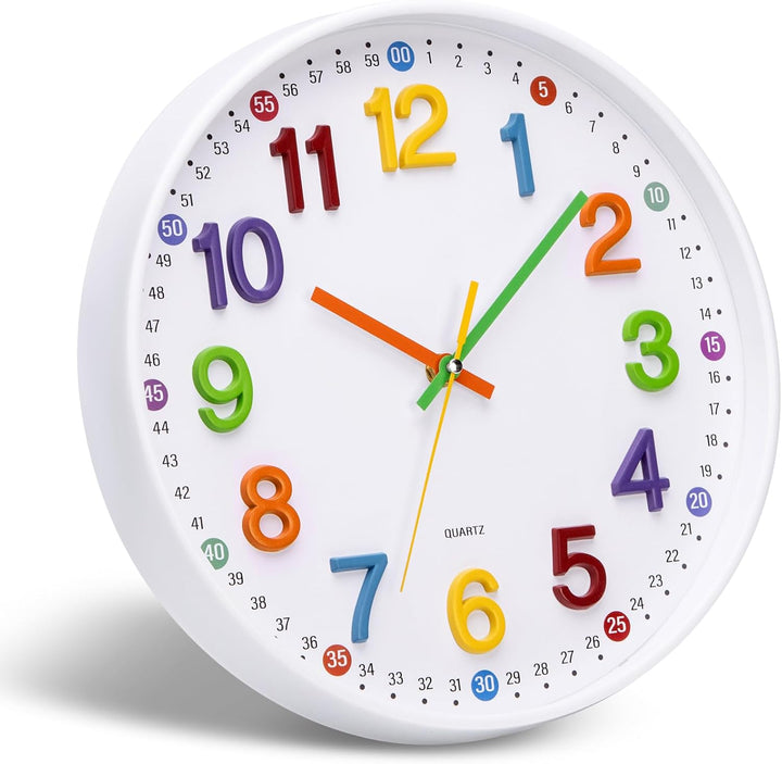 ACCSHINE Kinder Wanduhr ohne Tickgeräusche Lernuhr 30cm 3D Bunt Zahlen Modern Quartz Lautlos Wanduhr