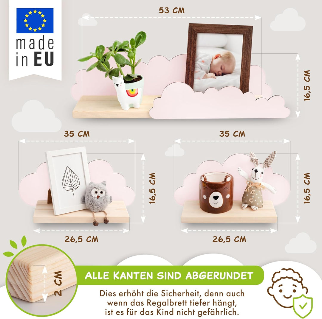 Outentin Wandregal Wolke aus Holz – 3er Set Kinderregal für Kinderzimmer & Babyzimmer – Handgefertig