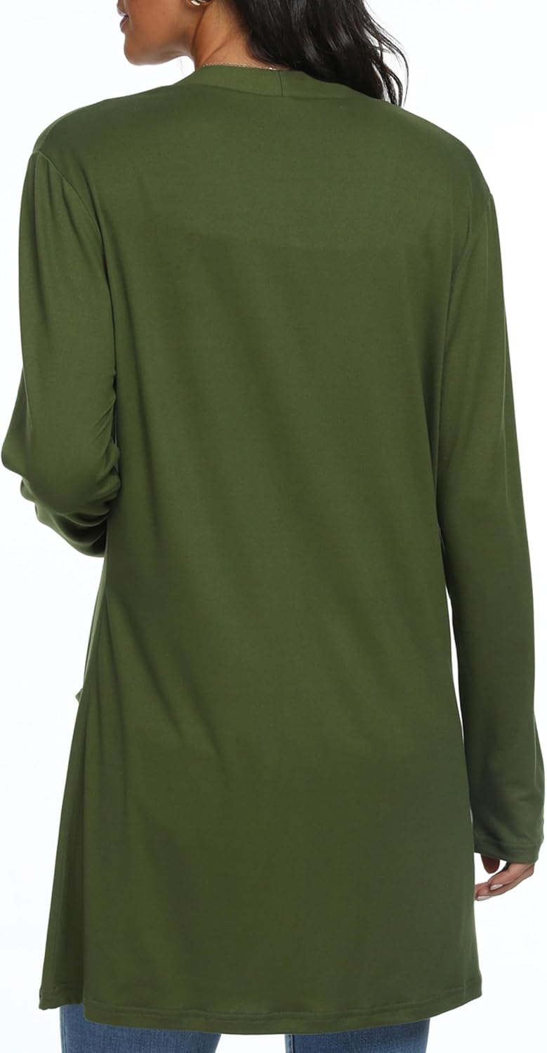 QIXING Casual Leichte Strickjacke Damen Lang Elegant Dünne Strickjacke Lange Ärmel mit Taschen Open