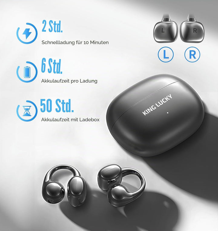 King Lucky Open-Ear-Kopfhörer Kabellos Bluetooth 6.0–Clip-On-Ohrhörer mit Mikrofon,50h Spielzeit,ENC
