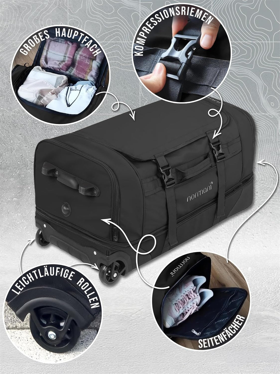 normani XXL Reisetasche 100-120 Liter 2-Rad Trolley gross Weichgepäck Travel Bag mit Rollen und 8 Fä