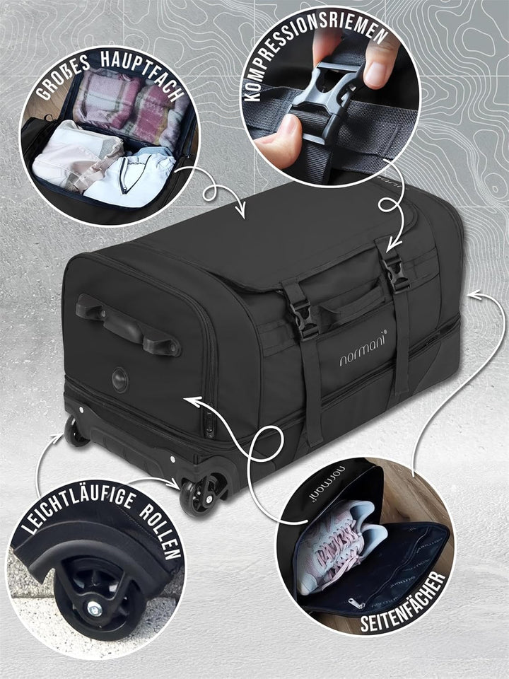 normani XXL Reisetasche 100-120 Liter 2-Rad Trolley gross Weichgepäck Travel Bag mit Rollen und 8 Fä