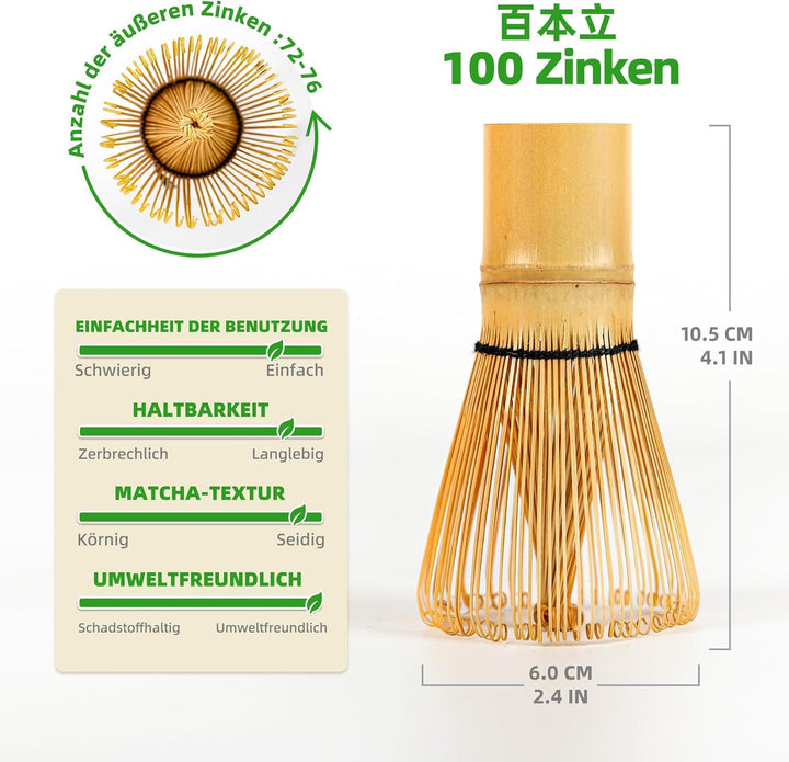 TEANAGOO Matcha Schneebesen Set,Matcha Schneebesen(100 Zinken) mit grünem Halter,6-PCS Traditionelle