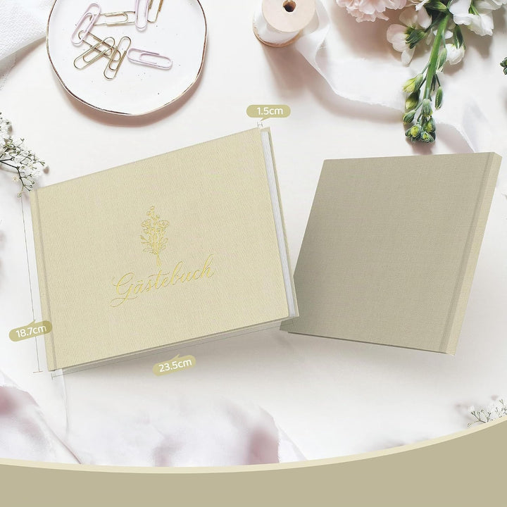 Hyggartn Gästebuch Beige – Leinen Hardcover Gästebuch mit Goldprägung, 100 Seiten Blanko – Dekorativ