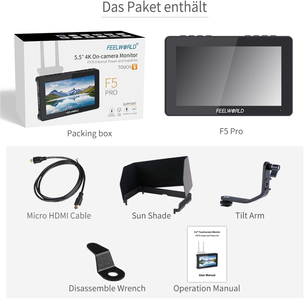 Feelworld F5 Pro V4 6 Zoll Touchscreen 3D LUT DSLR Kamera Field Monitor mit externem Kit Installiere