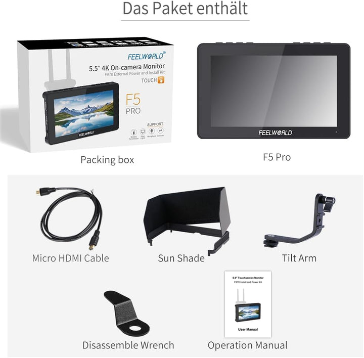 Feelworld F5 Pro V4 6 Zoll Touchscreen 3D LUT DSLR Kamera Field Monitor mit externem Kit Installiere