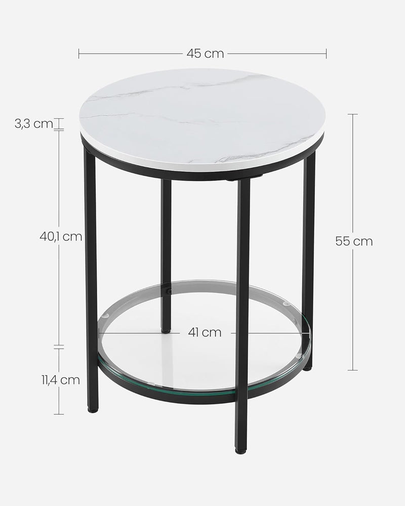 VASAGLE Beistelltisch, Nachttisch mit 2 Ebenen, Holzspanplatte, Hartglas, für Wohnzimmer, Arbeitszim