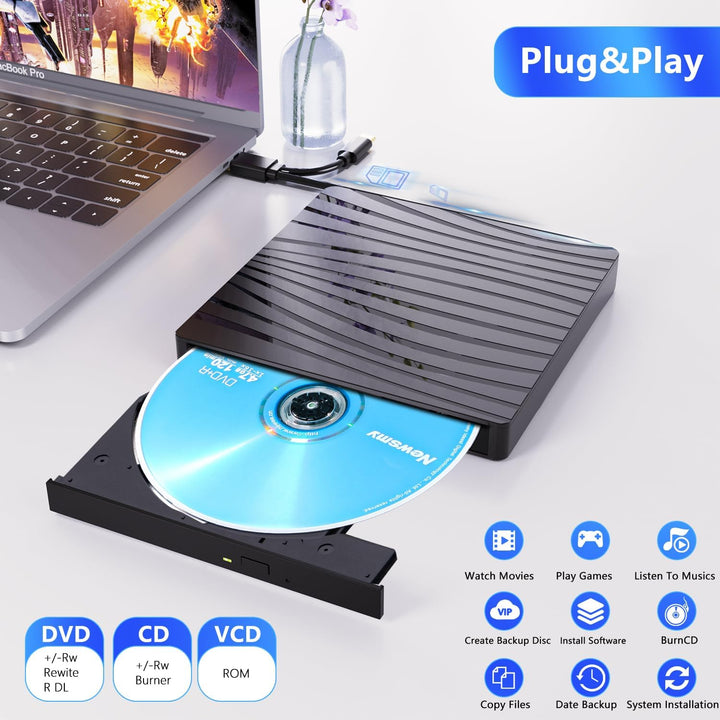 QDSYLQ Externes DVD Laufwerk, USB 3.0 & Type-C Tragbar CD DVD +/-RW Brenner Optical Drive DVD Laufwe