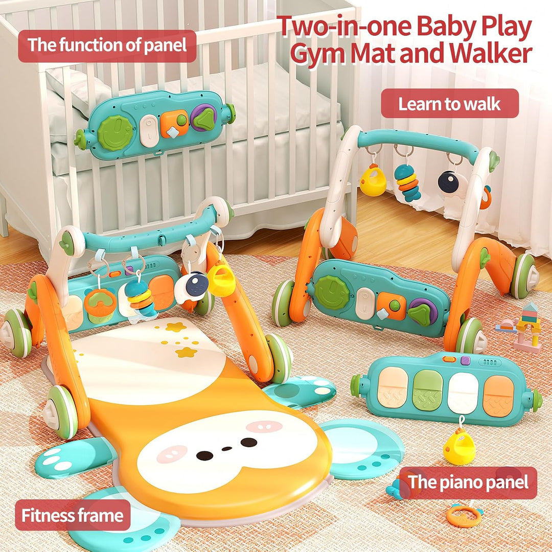 2 in 1 Baby Gym with Walker,Baby Play Mat with 5 Infant Learning Sensory,Double-Sided Multifunctiona