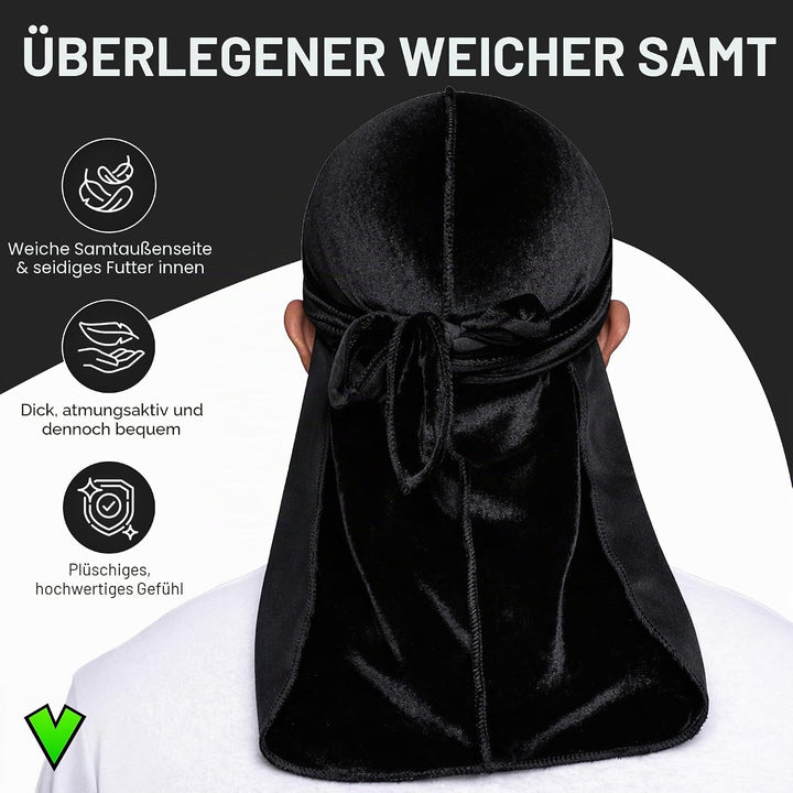 Veeta Superior Velvet Durag – Weiche Samt-Durags für Männer und Frauen, Lange, doppelt breite Träger