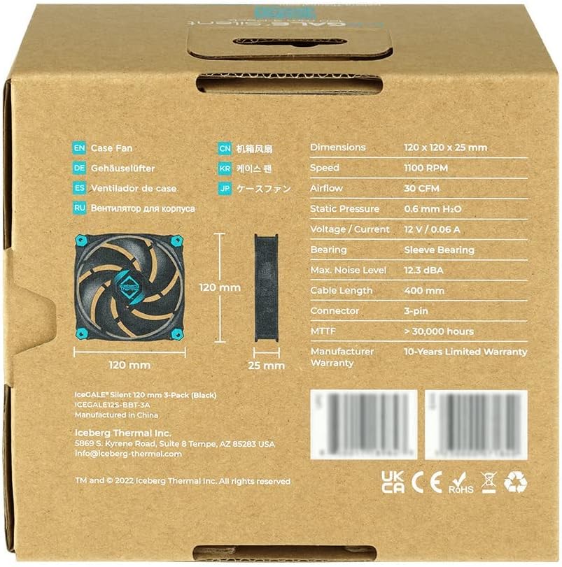 Iceberg Thermal IceGALE Silent 120mm Gehäuselüfter optimierter Airflow 3er-Pack, Schwarz, Silent
