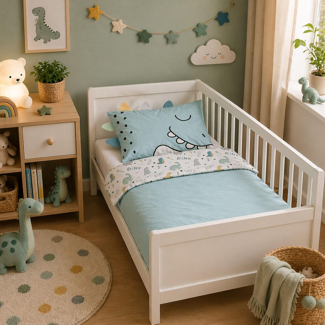 Familando Baby-Bettwäsche mit Ohren/Stacheln 100x135 40x60 cm · Dino Bettwäsche Hellblau für Kleinki