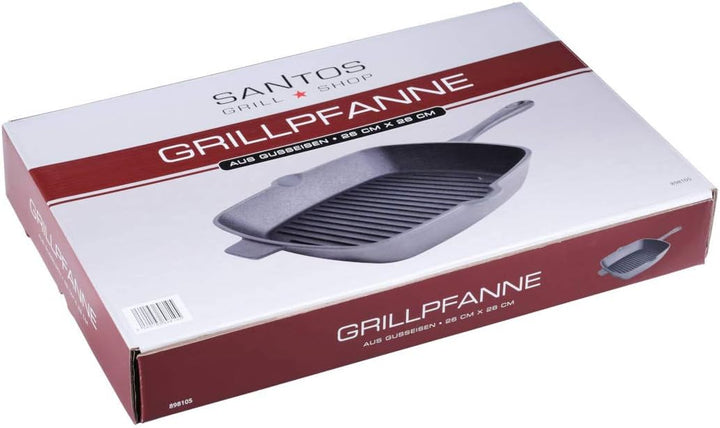 SANTOS Grillpfanne quadratisch mit Griff 26x26cm - Gusseiserne Pfanne - Schmoren, Braten, Grillen, B