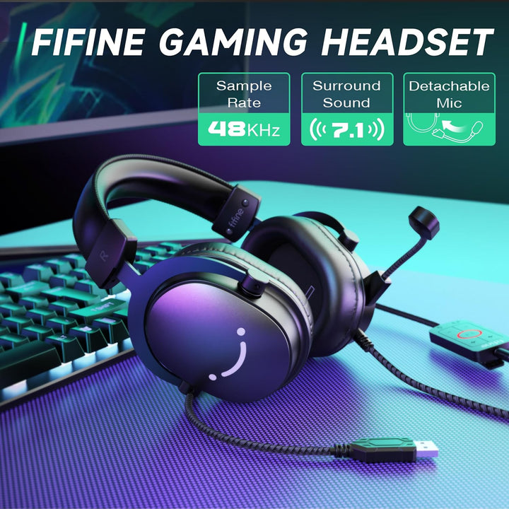 FIFINE Gaming Headset mit Mikrofon, Over Ear Kopfhörer mit Kabel, USB Headset für PC PS4 PS5 Xbox Sw