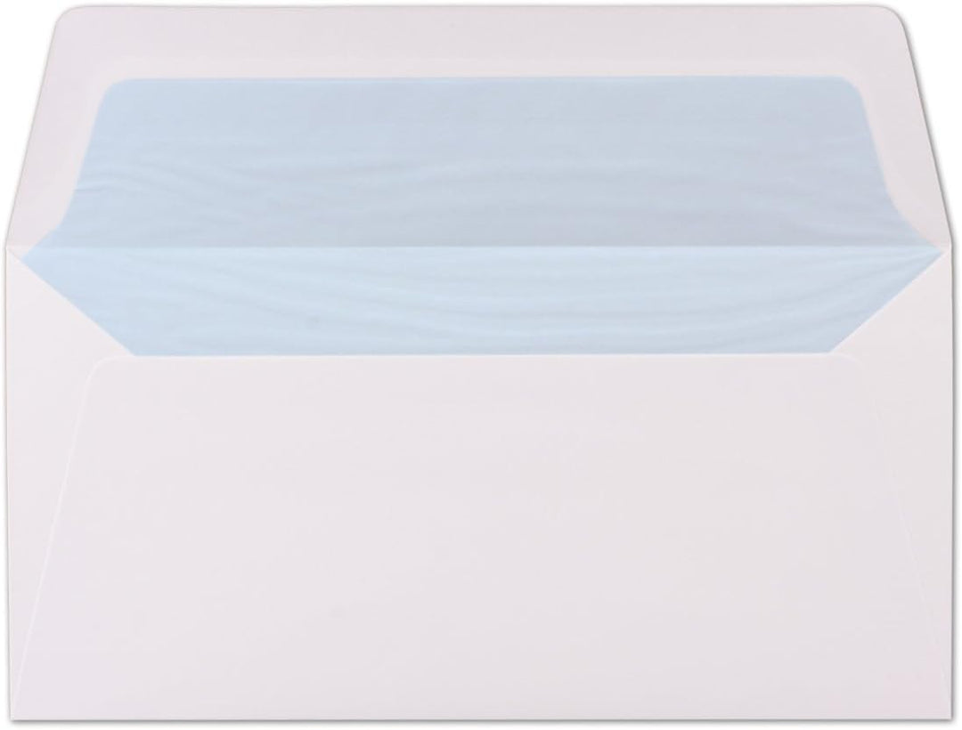 400 Briefumschläge Weiss - DIN Lang - gefüttert mit hellblauem Seidenpapier - 22 x 11 cm - Nassklebu