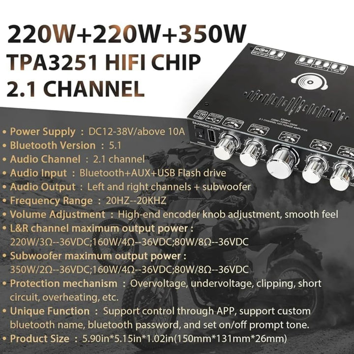 DollaTek 2.1-Kanal-Bluetooth-Verstärkerplatine, 220W × 2+350W 12V-38V Audio-Leistungsverstärkermodul